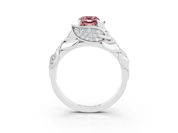 Platinum Emerald Cut Solitaire Leaf-Inspired Engagement Ring with Prong Setting