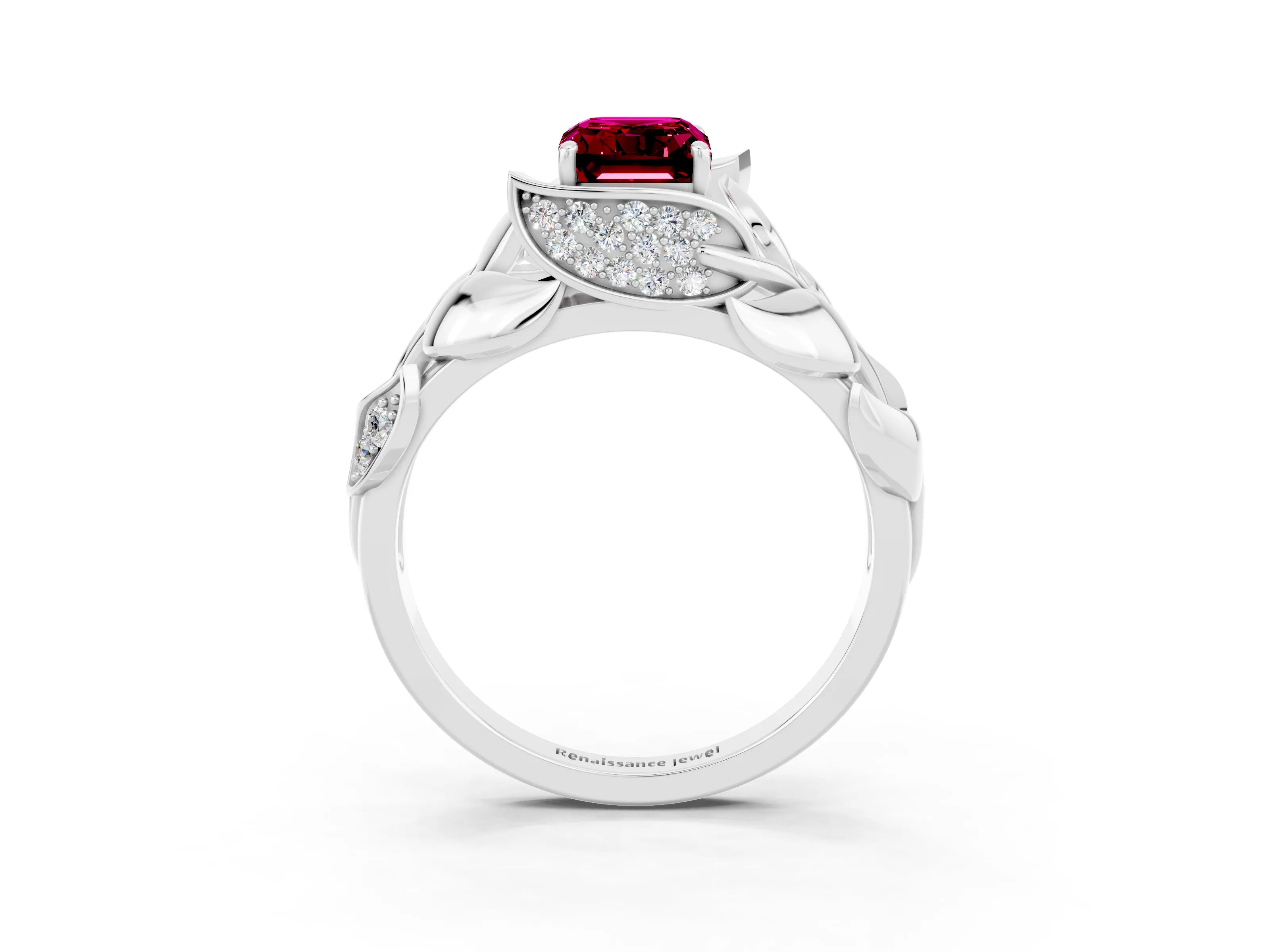 White gold Emerald Cut Solitaire Leaf-Inspired Engagement Ring with Prong Setting_3