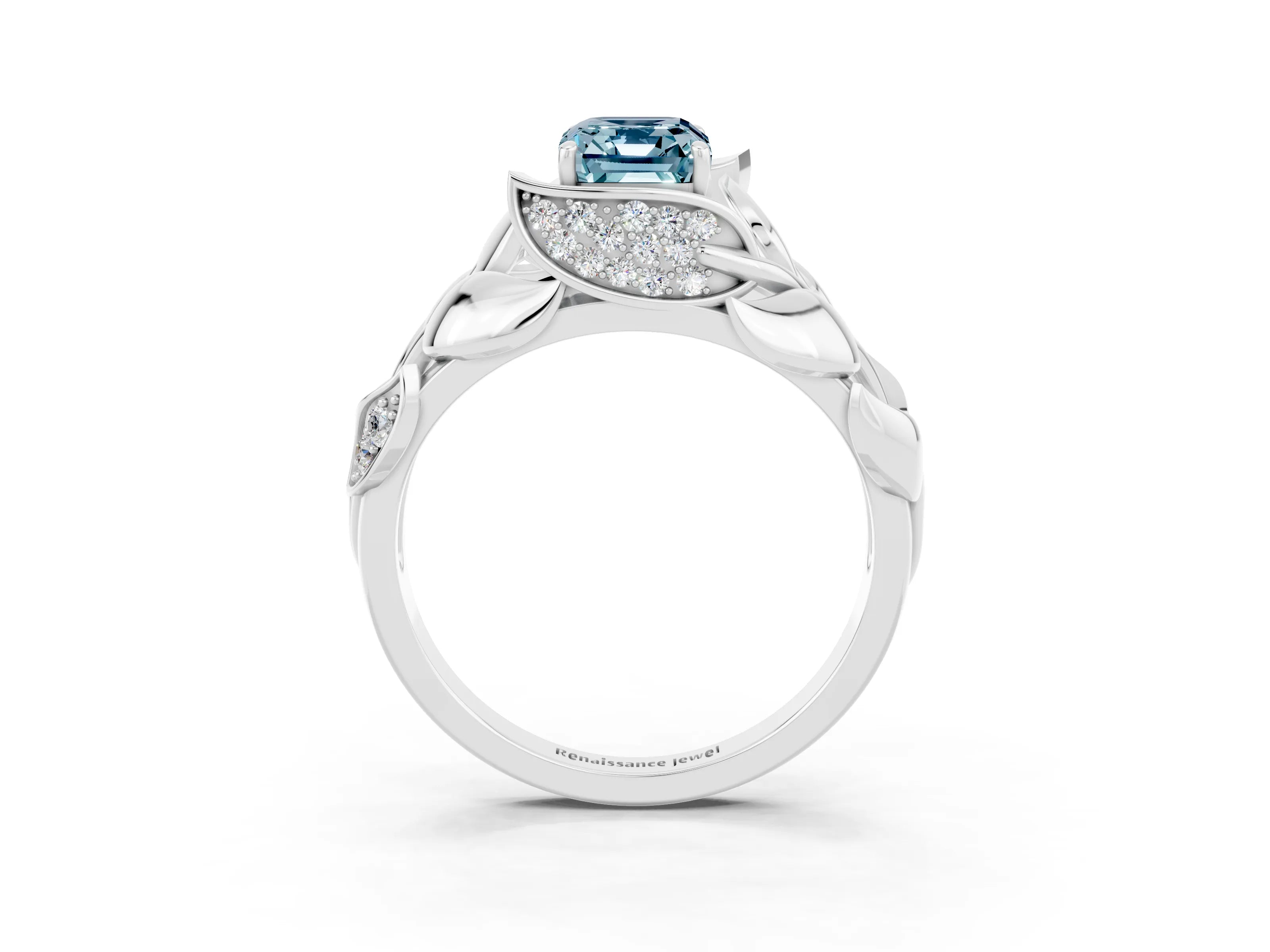White gold Emerald Cut Solitaire Leaf-Inspired Engagement Ring with Prong Setting_3