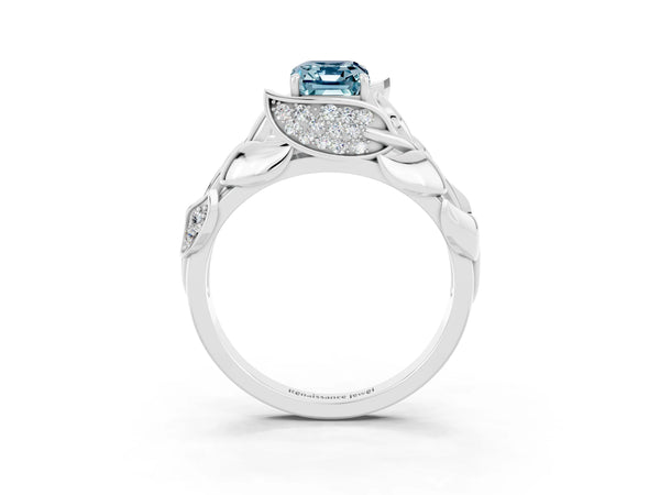 White gold Emerald Cut Aquamarine Leaf-Inspired Engagement Ring with Round Accents and Prong Setting