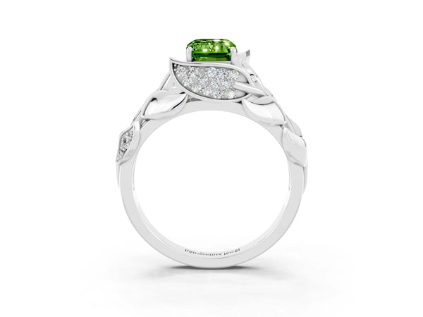 Silver Emerald Cut Solitaire Leaf-Inspired Engagement Ring with Prong Setting