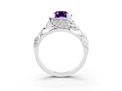 White gold Emerald Cut Solitaire Leaf-Inspired Engagement Ring with Prong Setting_3