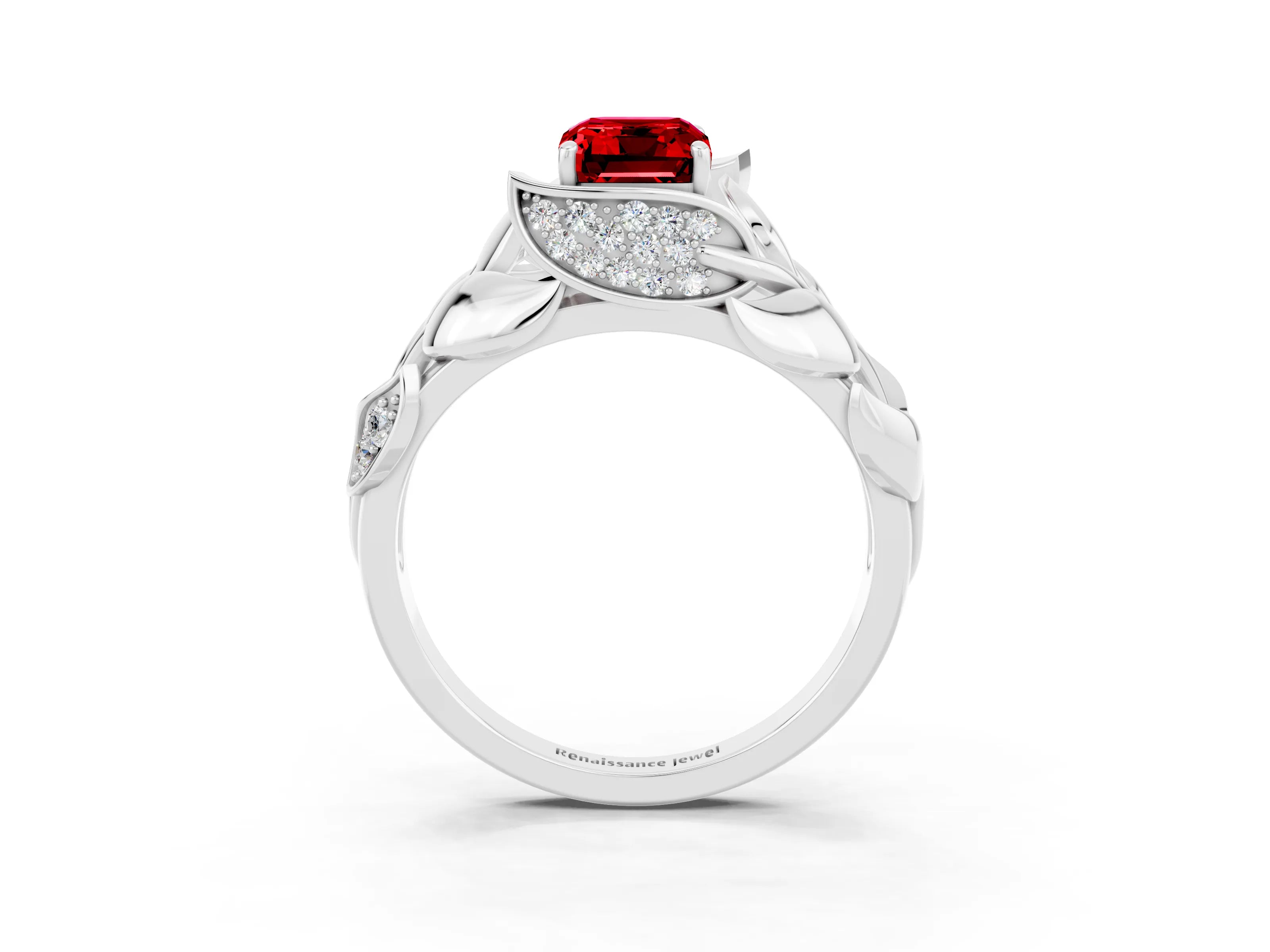 White gold Emerald Cut Solitaire Leaf-Inspired Engagement Ring with Prong Setting_3