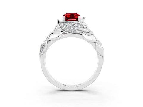 White gold Emerald Cut Solitaire Leaf-Inspired Engagement Ring with Prong Setting_3