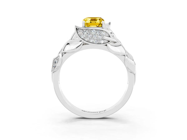White gold Emerald Cut Yellow Sapphire Leaf-Inspired Engagement Ring with Round Accents and Prong Setting