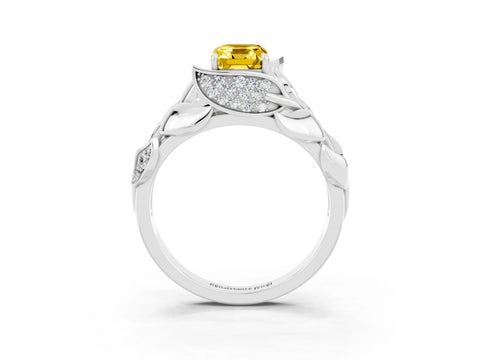 White gold Emerald Cut Solitaire Leaf-Inspired Engagement Ring with Prong Setting_3