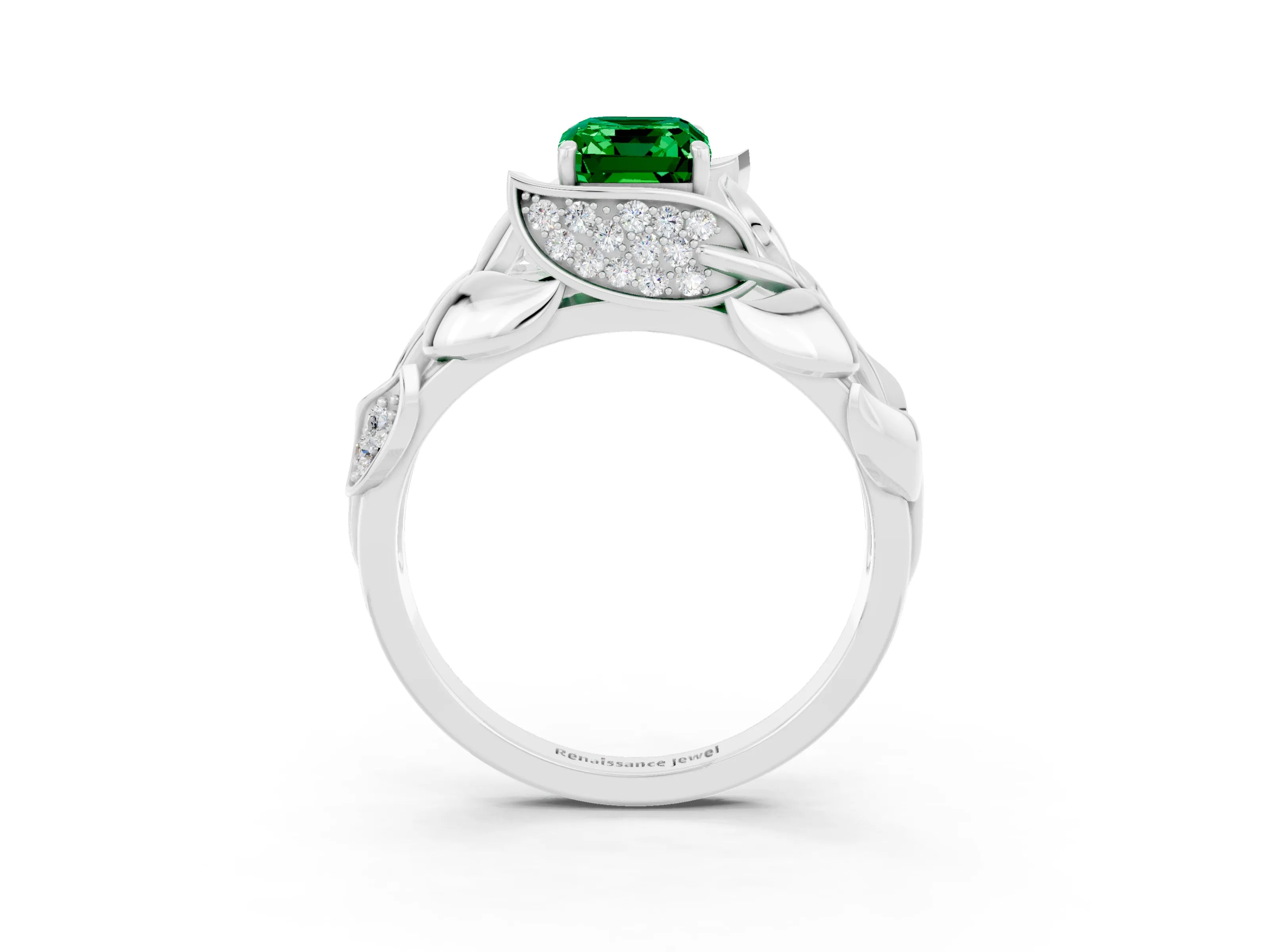 White gold Emerald Cut Solitaire Leaf-Inspired Engagement Ring with Prong Setting_3