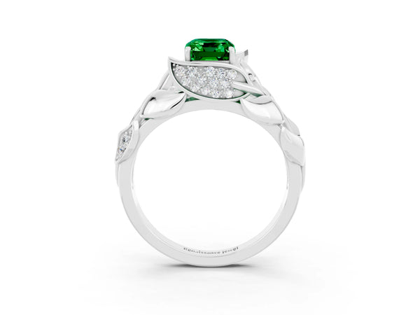 White gold Emerald Cut Emerald Leaf-Inspired Engagement Ring with Round Accents and Prong Setting