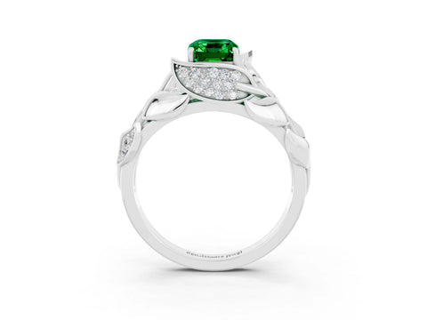 White gold Emerald Cut Solitaire Leaf-Inspired Engagement Ring with Prong Setting_3