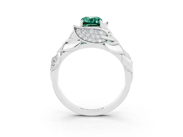 Platinum Emerald Cut Green Sapphire Leaf-Inspired Engagement Ring with Round Accents and Prong Setting