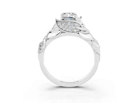 White gold Emerald Cut Solitaire Leaf-Inspired Engagement Ring with Prong Setting_3