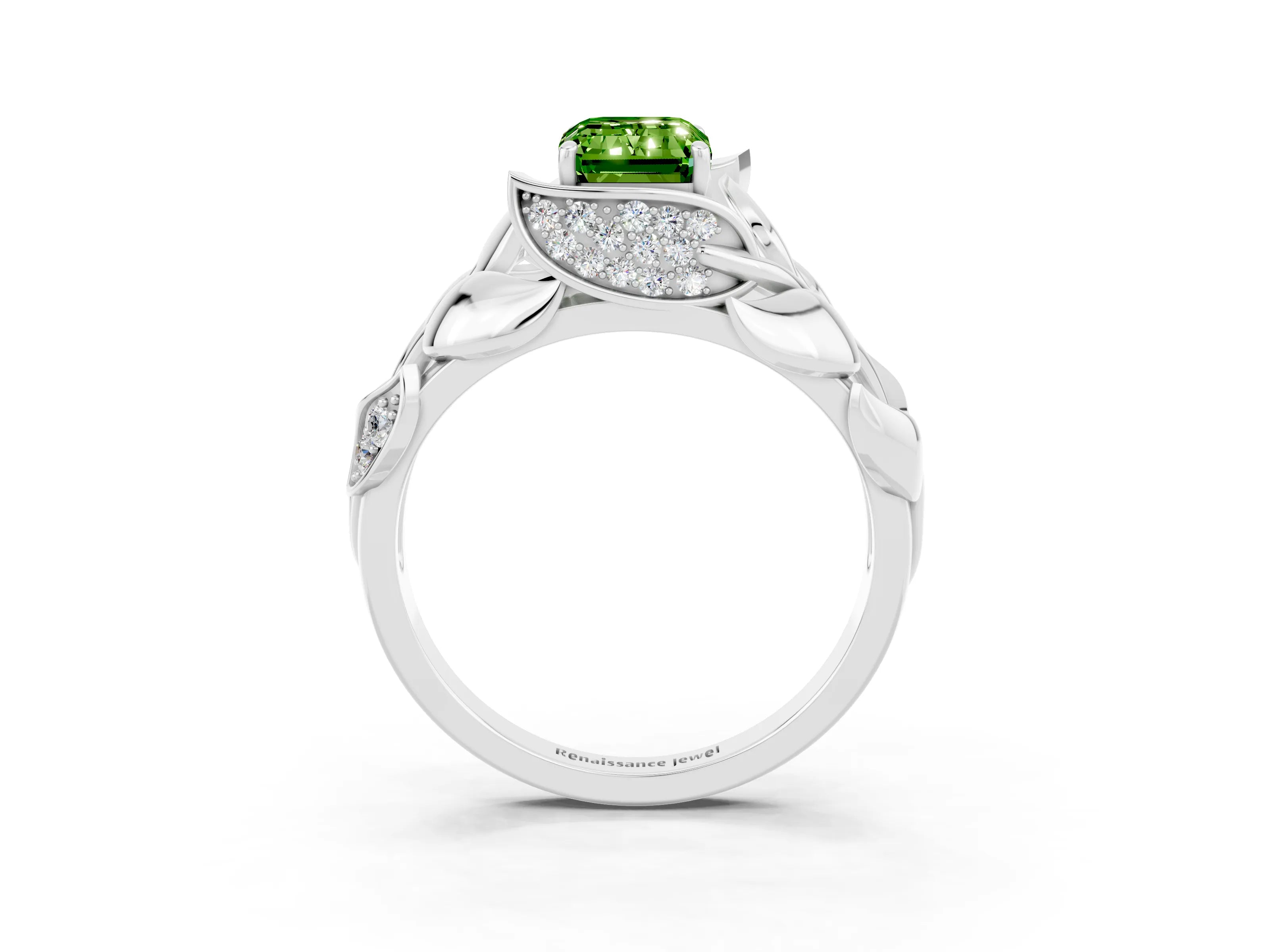 White gold Emerald Cut Solitaire Leaf-Inspired Engagement Ring with Prong Setting_3