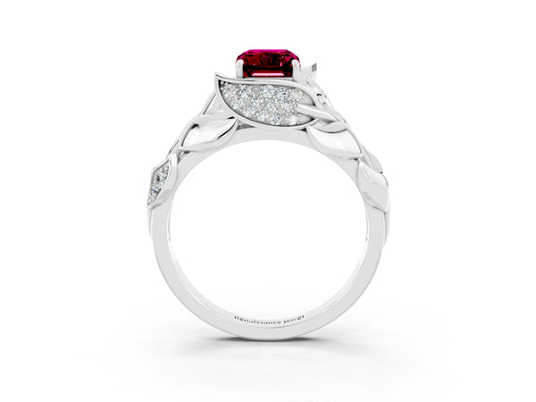 Silver Emerald Cut Garnet Leaf-Inspired Engagement Ring with Round Accents and Prong Setting