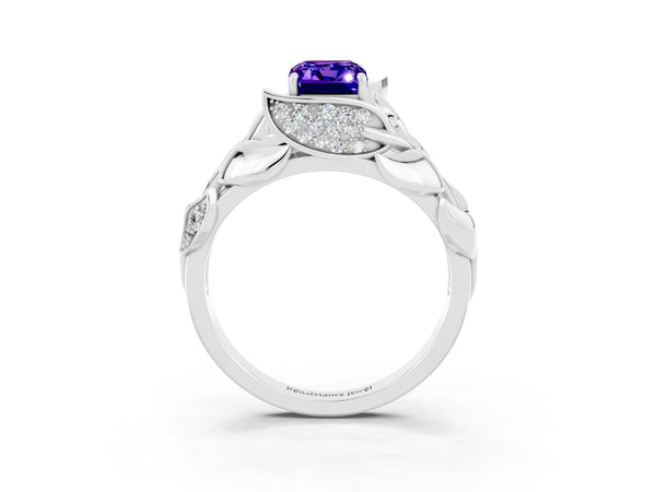 Silver Emerald Cut Tanzanite Leaf-Inspired Engagement Ring with Round Accents and Prong Setting