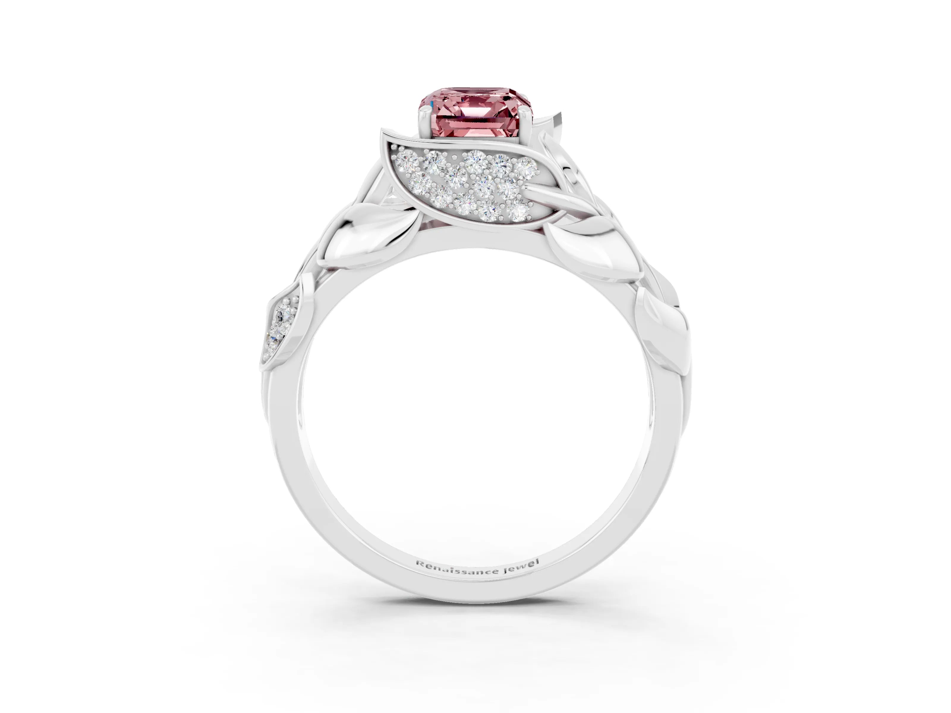 White gold Emerald Cut Solitaire Leaf-Inspired Engagement Ring with Prong Setting_3
