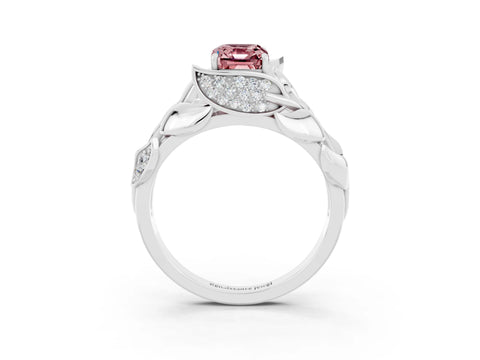 White gold Emerald Cut Solitaire Leaf-Inspired Engagement Ring with Prong Setting_3