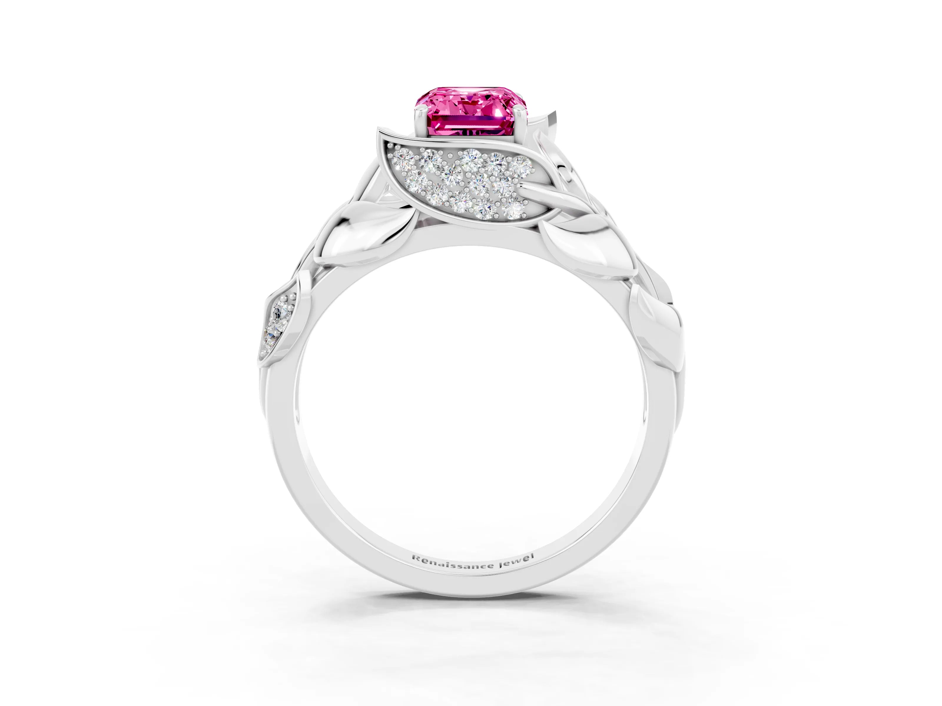 White gold Emerald Cut Solitaire Leaf-Inspired Engagement Ring with Prong Setting_3