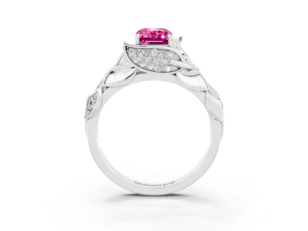 Silver Emerald Cut Pink Sapphire Leaf-Inspired Engagement Ring with Round Accents and Prong Setting