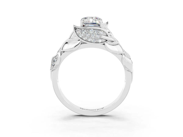 Platinum Emerald Cut Moissanite Leaf-Inspired Engagement Ring with Round Accents and Prong Setting