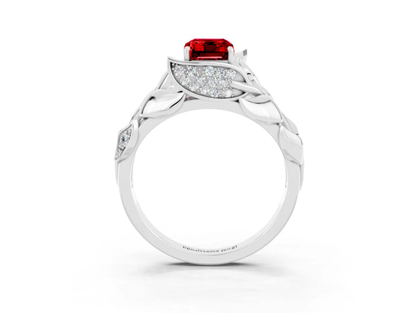Silver Emerald Cut Ruby Leaf-Inspired Engagement Ring with Round Accents and Prong Setting