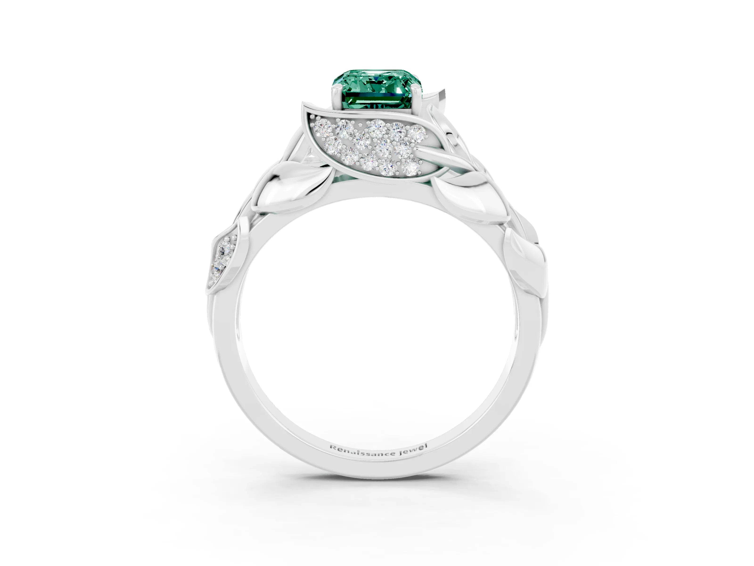 White gold Emerald Cut Solitaire Leaf-Inspired Engagement Ring with Prong Setting_3