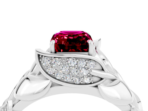 White gold Emerald Cut Solitaire Leaf-Inspired Engagement Ring with Prong Setting_4