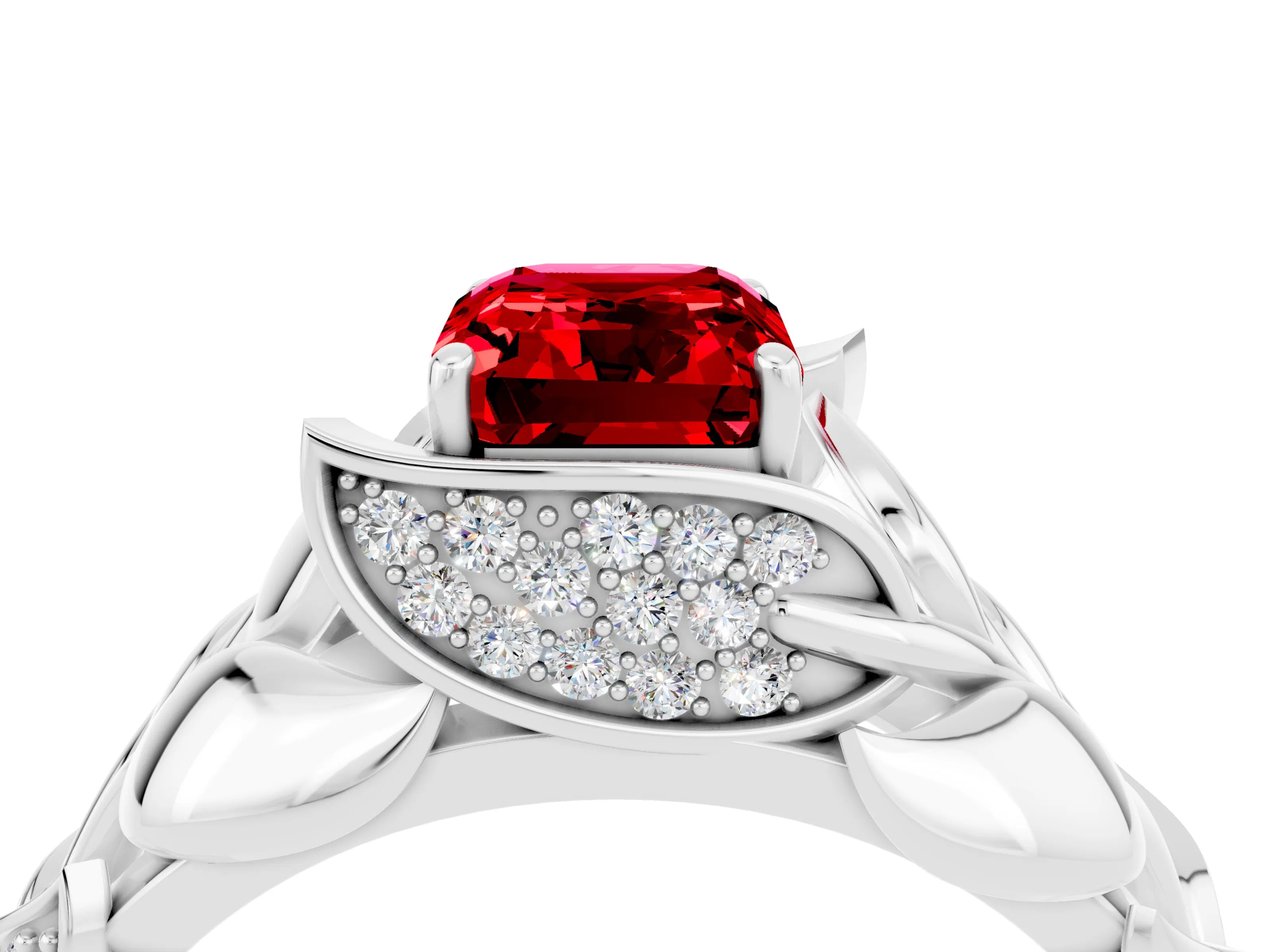White gold Emerald Cut Solitaire Leaf-Inspired Engagement Ring with Prong Setting_4