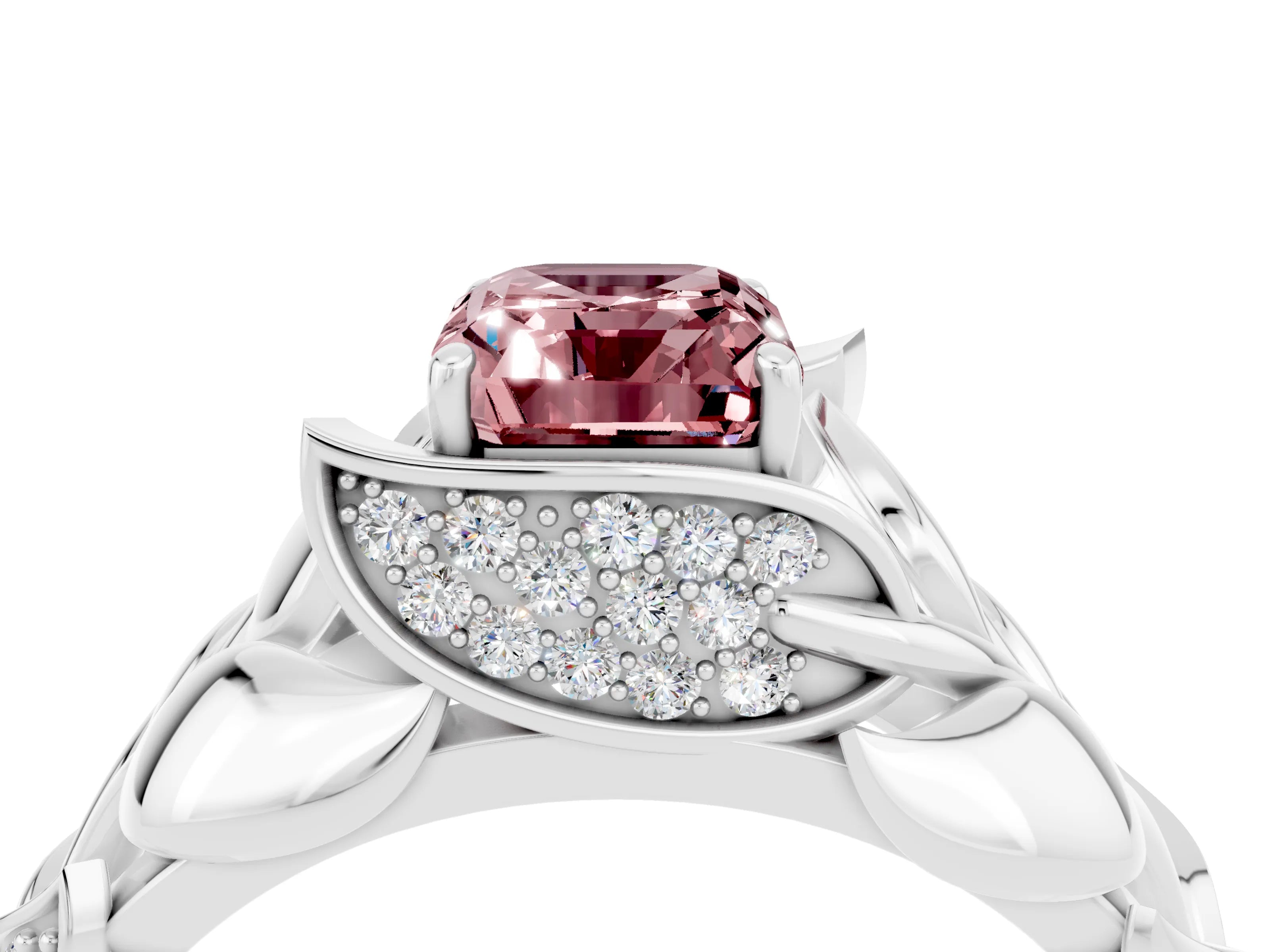 White gold Emerald Cut Solitaire Leaf-Inspired Engagement Ring with Prong Setting_4