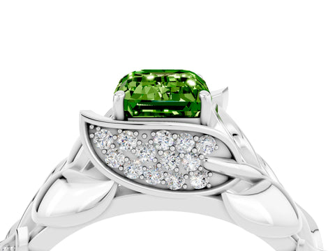 White gold Emerald Cut Solitaire Leaf-Inspired Engagement Ring with Prong Setting_4
