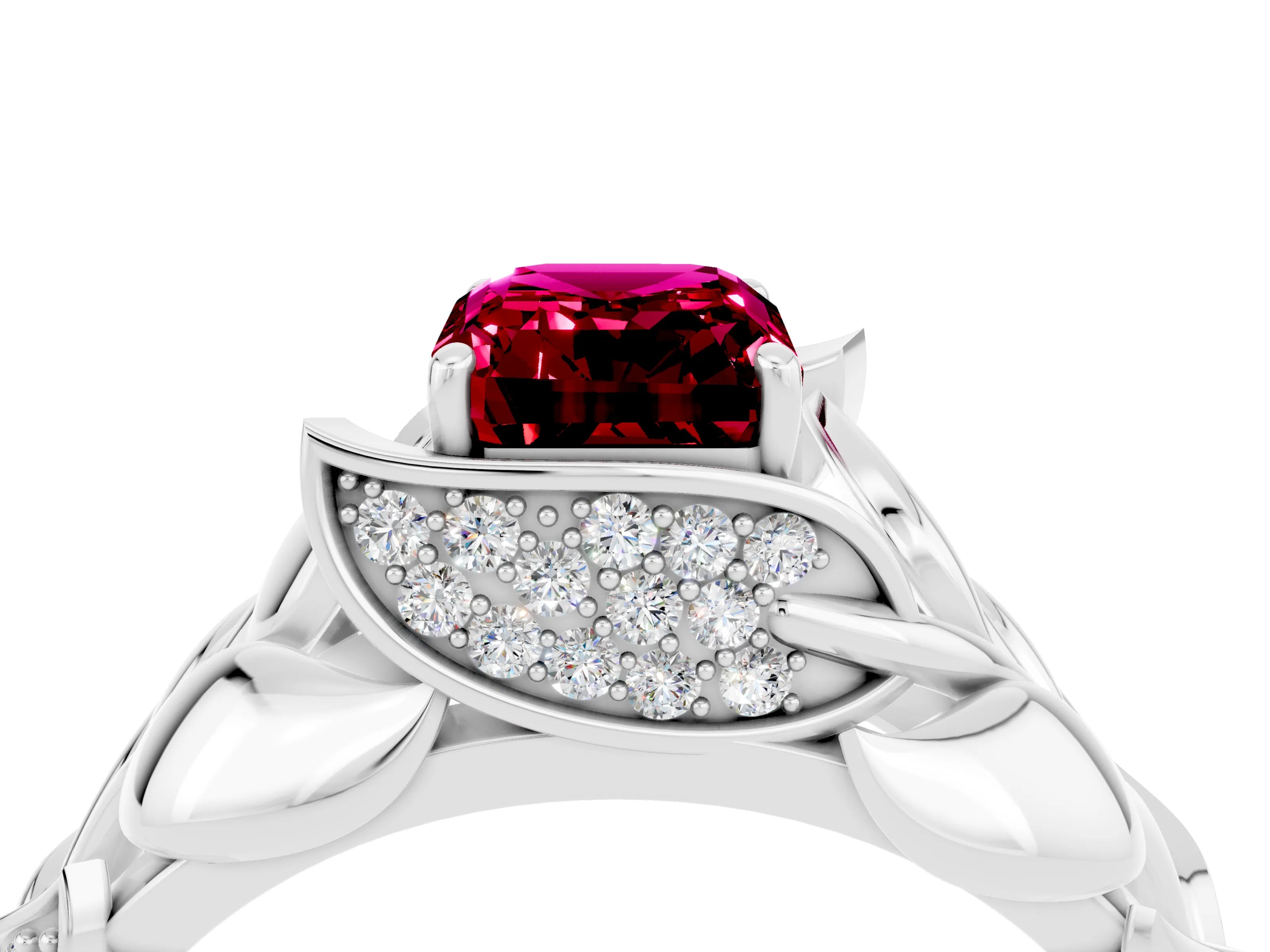 White gold Emerald Cut Solitaire Leaf-Inspired Engagement Ring with Prong Setting_4
