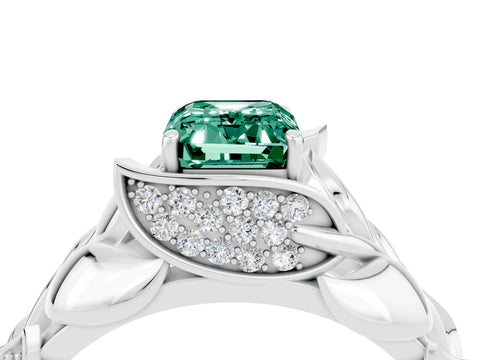 White gold Emerald Cut Solitaire Leaf-Inspired Engagement Ring with Prong Setting_4