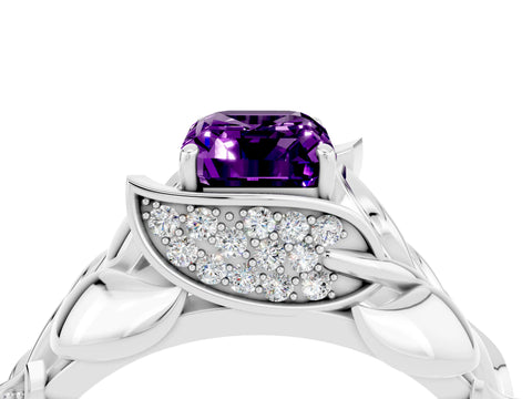 White gold Emerald Cut Solitaire Leaf-Inspired Engagement Ring with Prong Setting_4