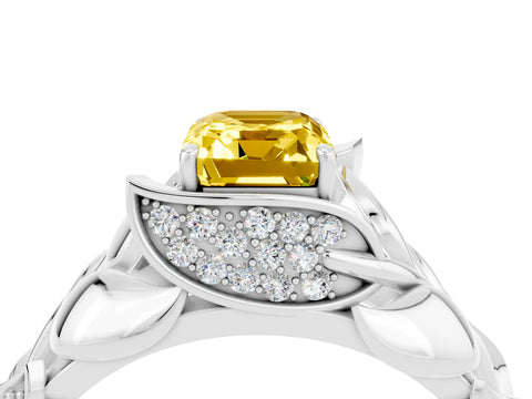 White gold Emerald Cut Solitaire Leaf-Inspired Engagement Ring with Prong Setting_4