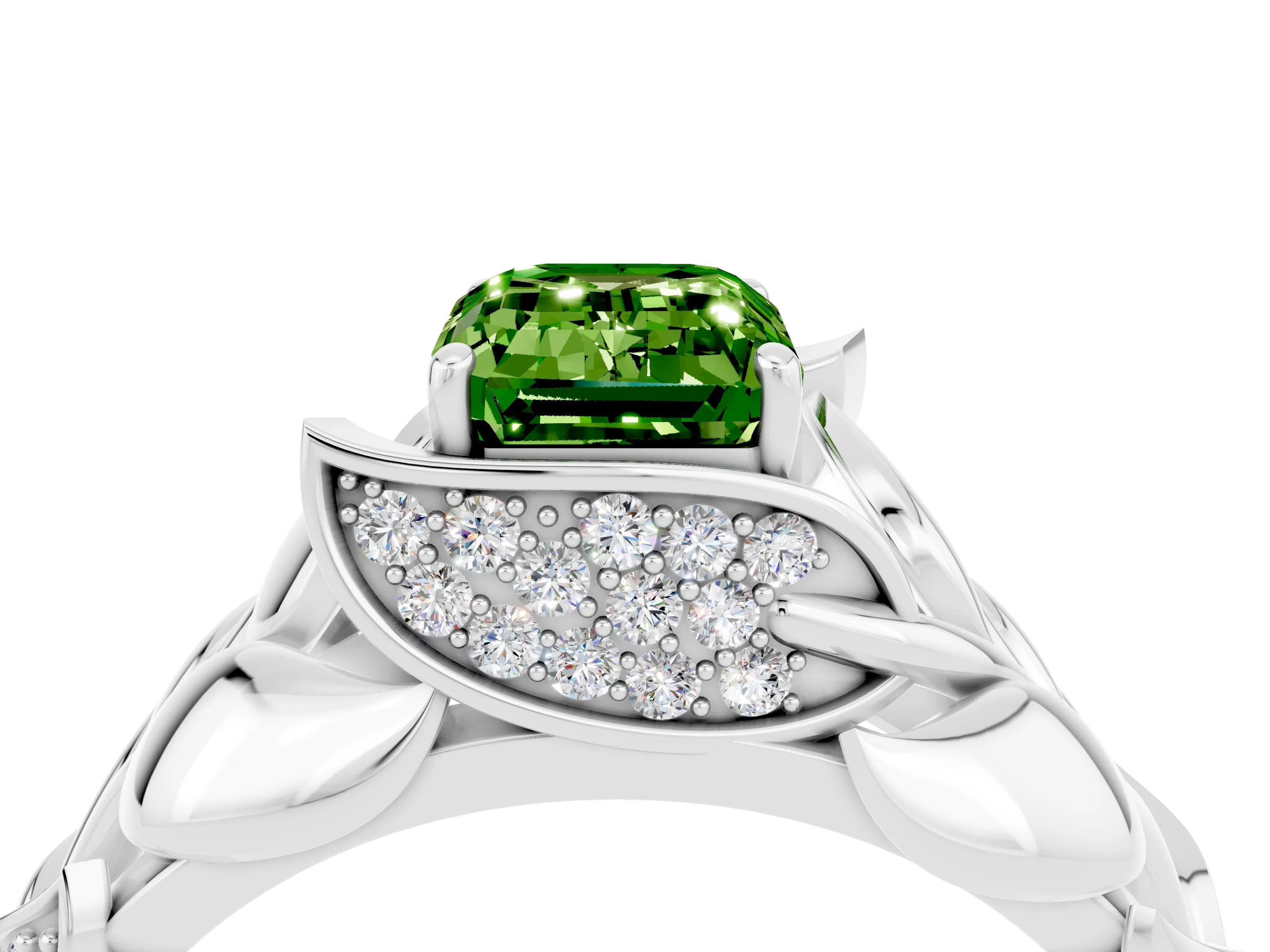 White gold Emerald Cut Solitaire Leaf-Inspired Engagement Ring with Prong Setting_4