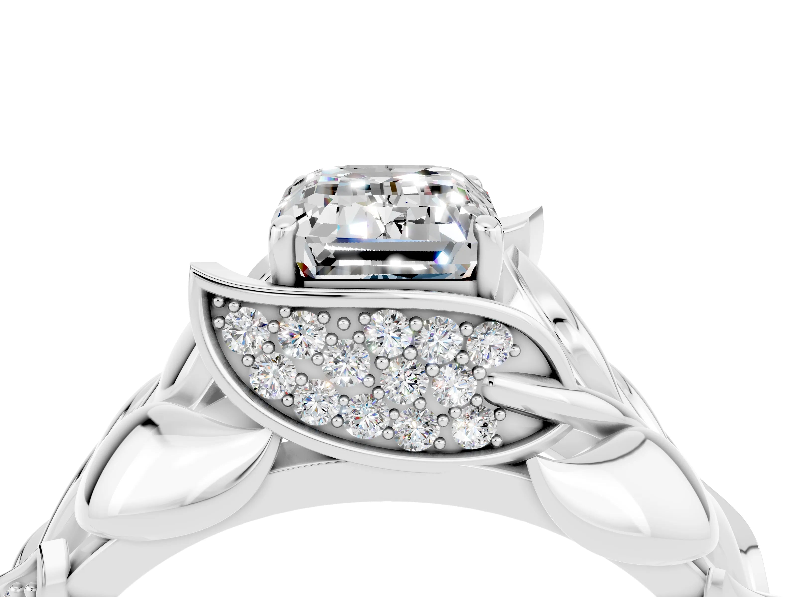 White gold Emerald Cut Solitaire Leaf-Inspired Engagement Ring with Prong Setting_4