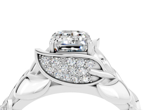 White gold Emerald Cut Solitaire Leaf-Inspired Engagement Ring with Prong Setting_4