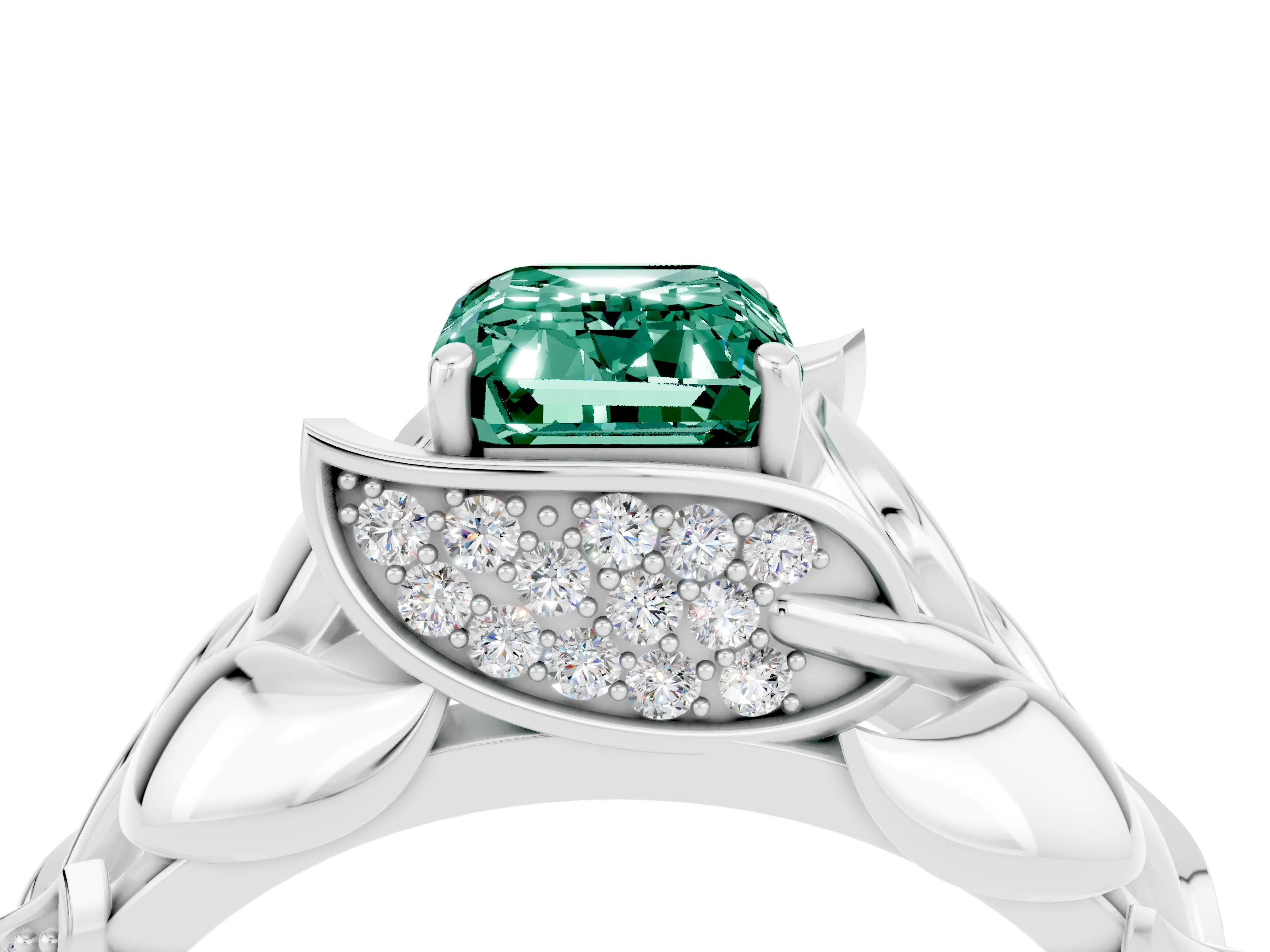 White gold Emerald Cut Solitaire Leaf-Inspired Engagement Ring with Prong Setting_4
