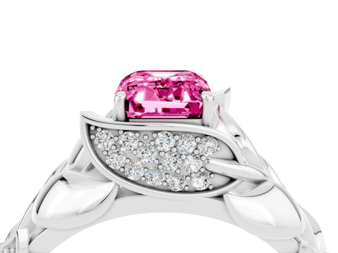 White gold Emerald Cut Solitaire Leaf-Inspired Engagement Ring with Prong Setting_4