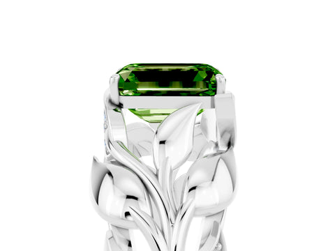 White gold Emerald Cut Solitaire Leaf-Inspired Engagement Ring with Prong Setting_5