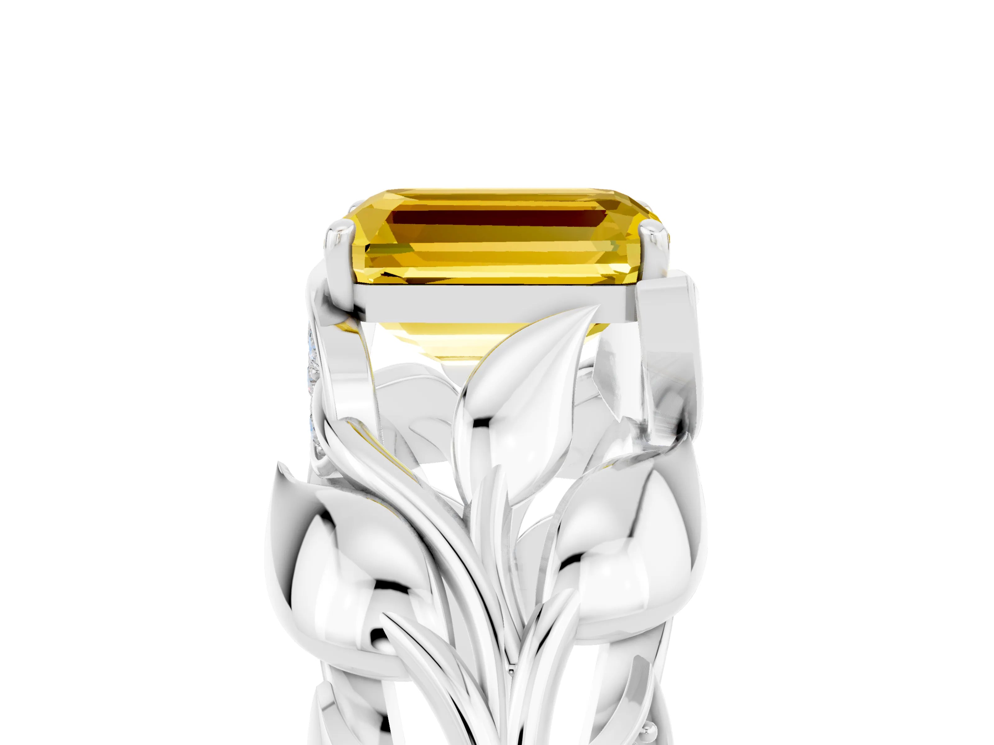White gold Emerald Cut Solitaire Leaf-Inspired Engagement Ring with Prong Setting_5