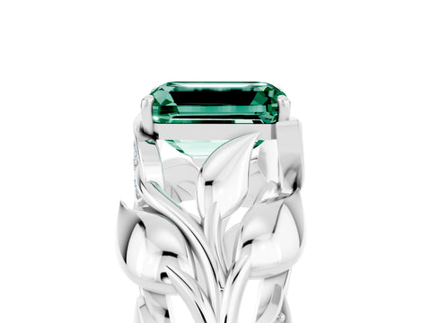 White gold Emerald Cut Solitaire Leaf-Inspired Engagement Ring with Prong Setting_5