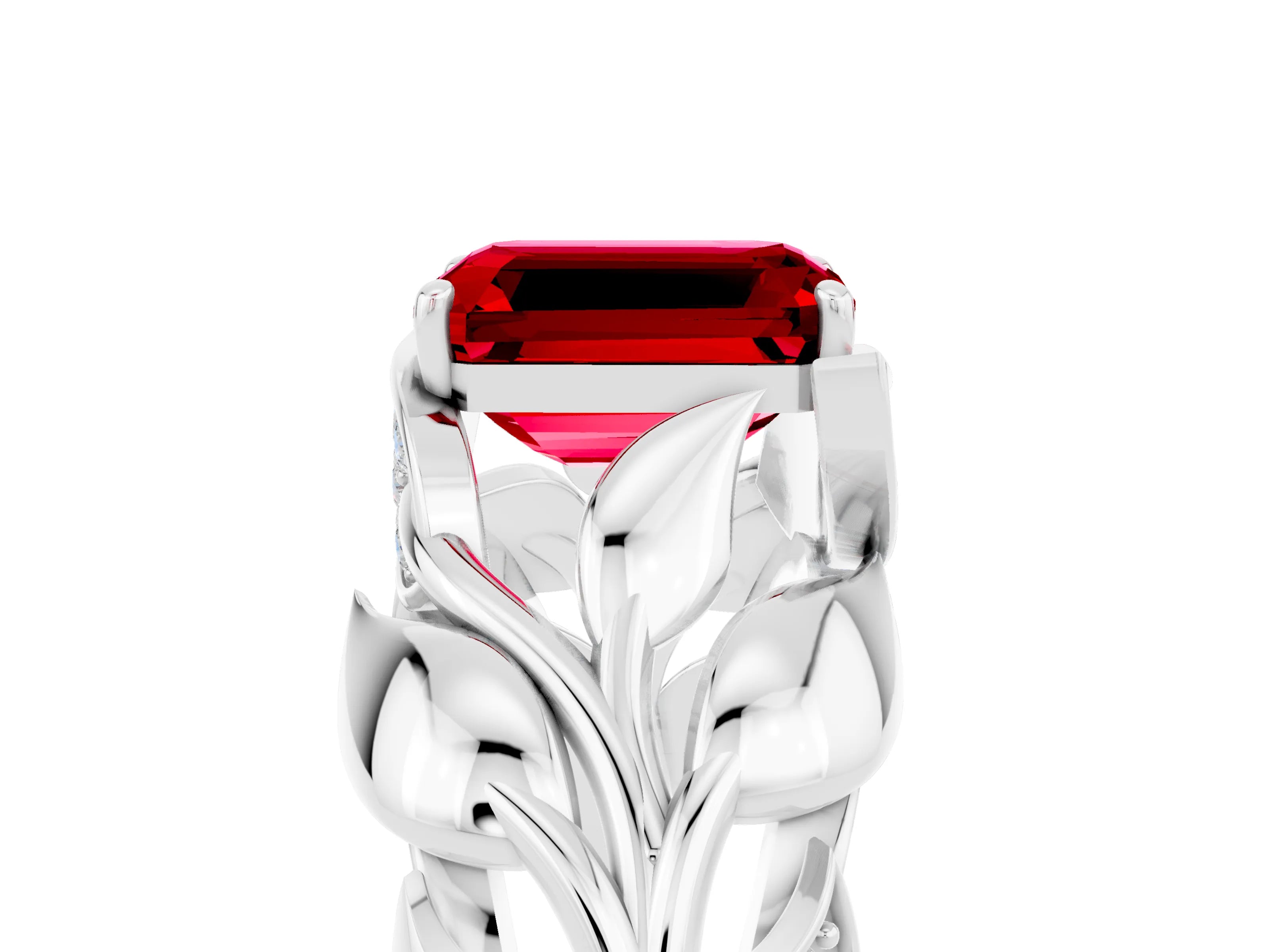 White gold Emerald Cut Solitaire Leaf-Inspired Engagement Ring with Prong Setting_5