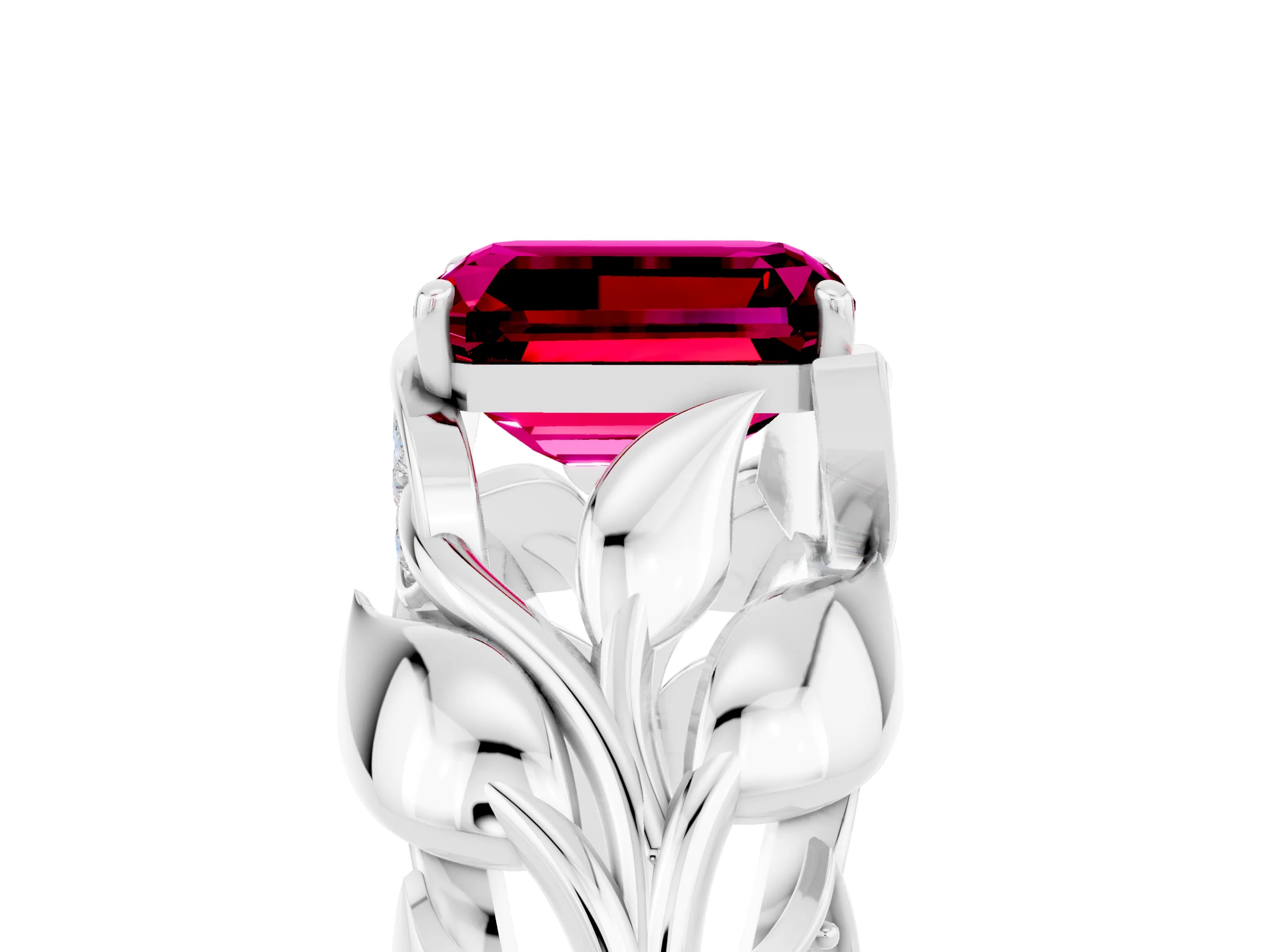 White gold Emerald Cut Solitaire Leaf-Inspired Engagement Ring with Prong Setting_5