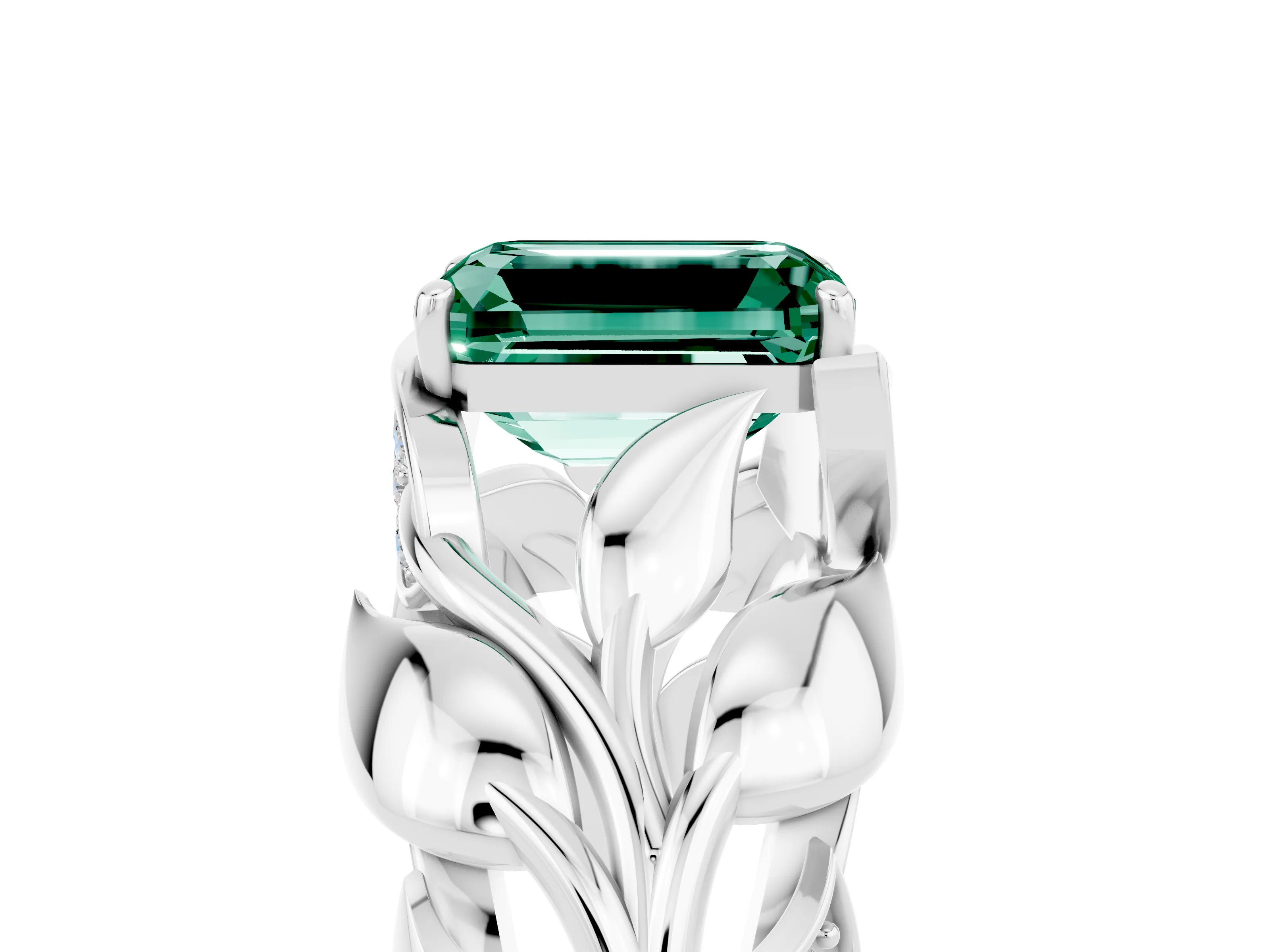 White gold Emerald Cut Solitaire Leaf-Inspired Engagement Ring with Prong Setting_5