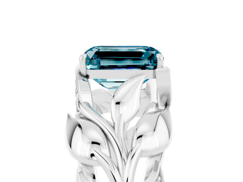 White gold Emerald Cut Solitaire Leaf-Inspired Engagement Ring with Prong Setting_5