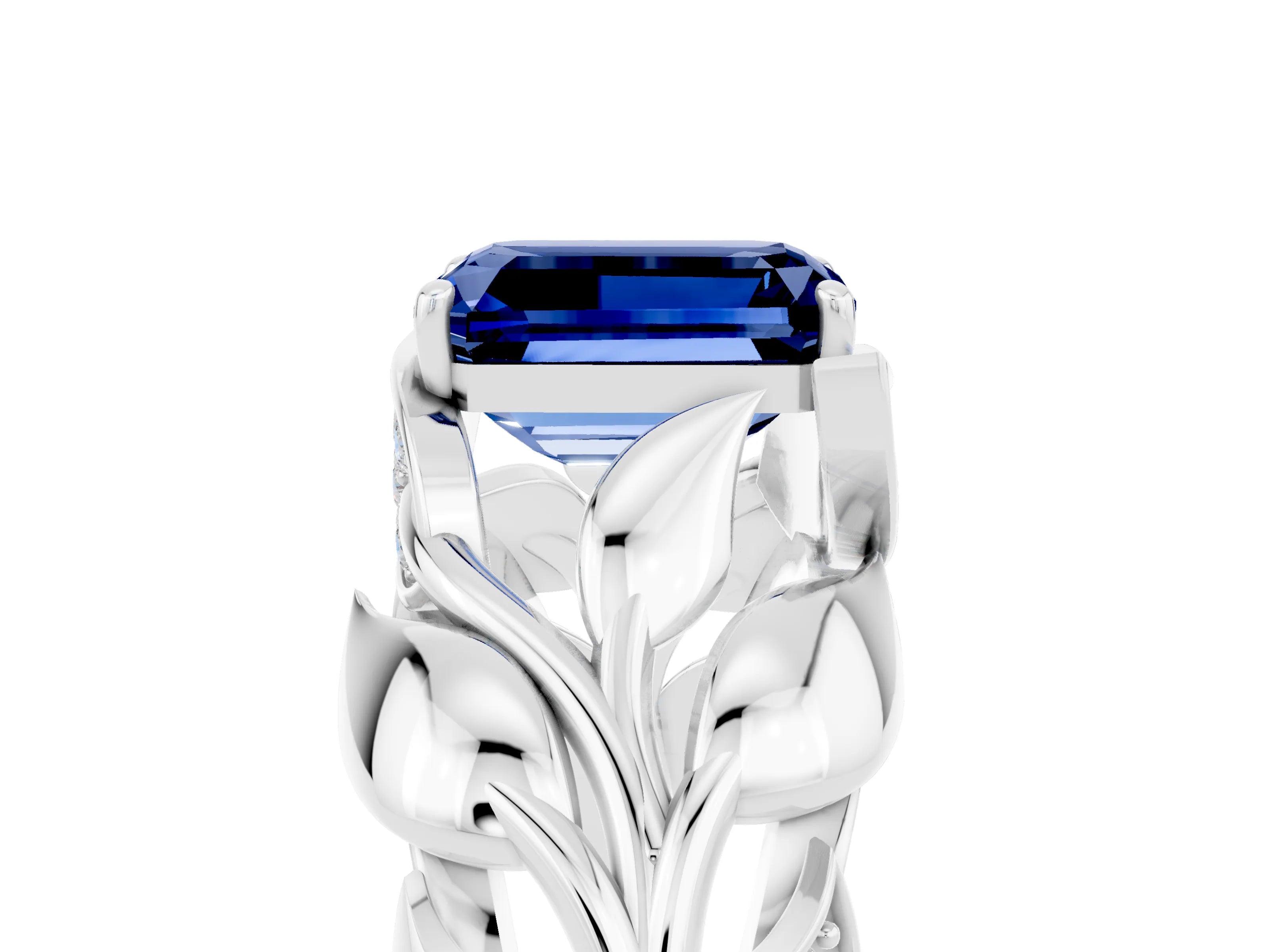 White gold Emerald Cut Solitaire Leaf-Inspired Engagement Ring with Prong Setting_5