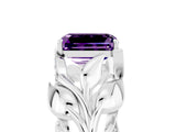 White gold Emerald Cut Solitaire Leaf-Inspired Engagement Ring with Prong Setting_5