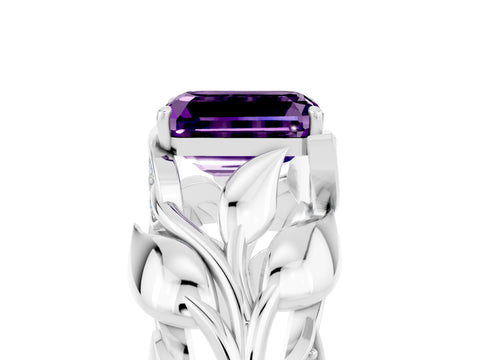 White gold Emerald Cut Solitaire Leaf-Inspired Engagement Ring with Prong Setting_5