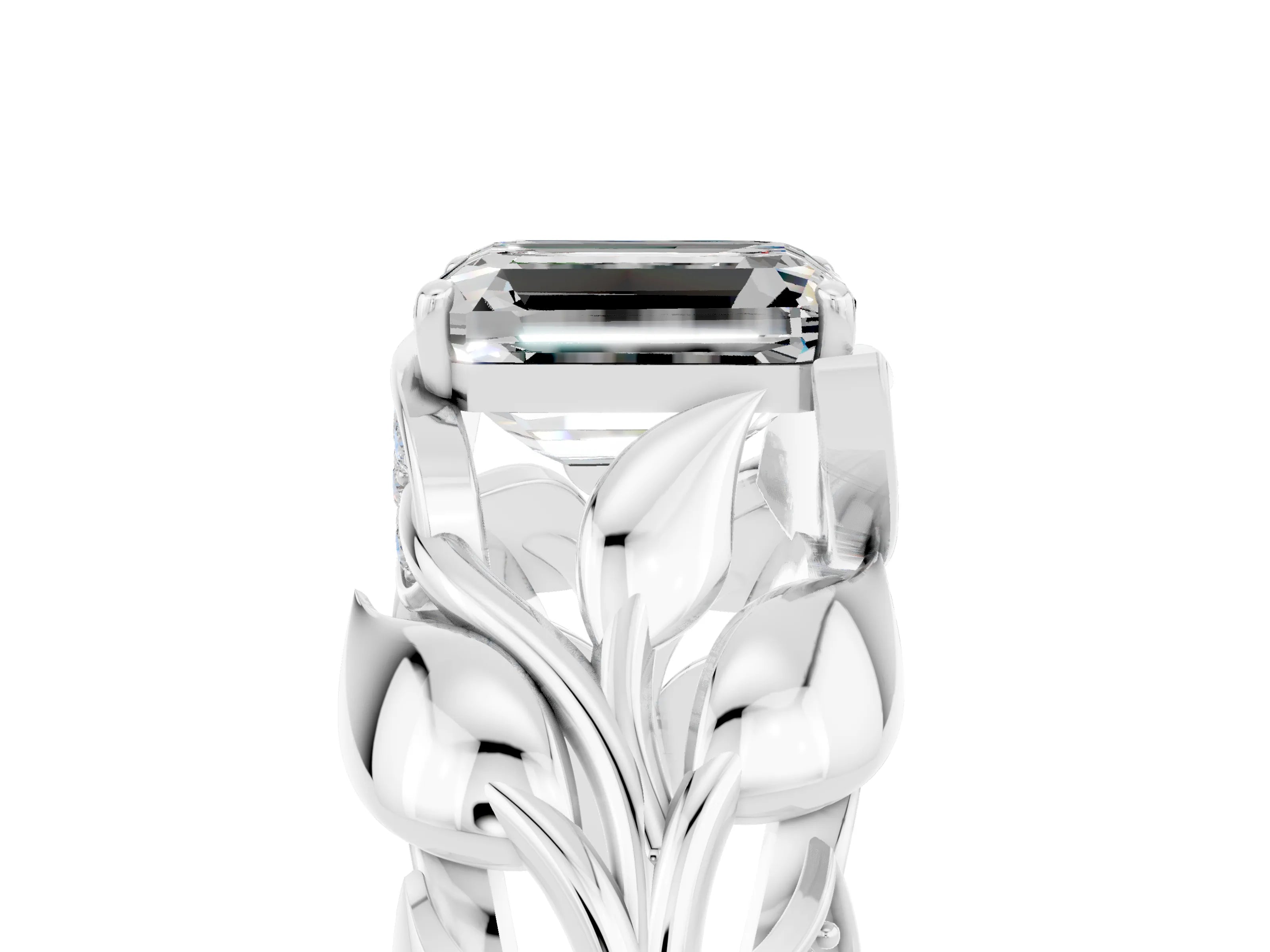 White gold Emerald Cut Solitaire Leaf-Inspired Engagement Ring with Prong Setting_5