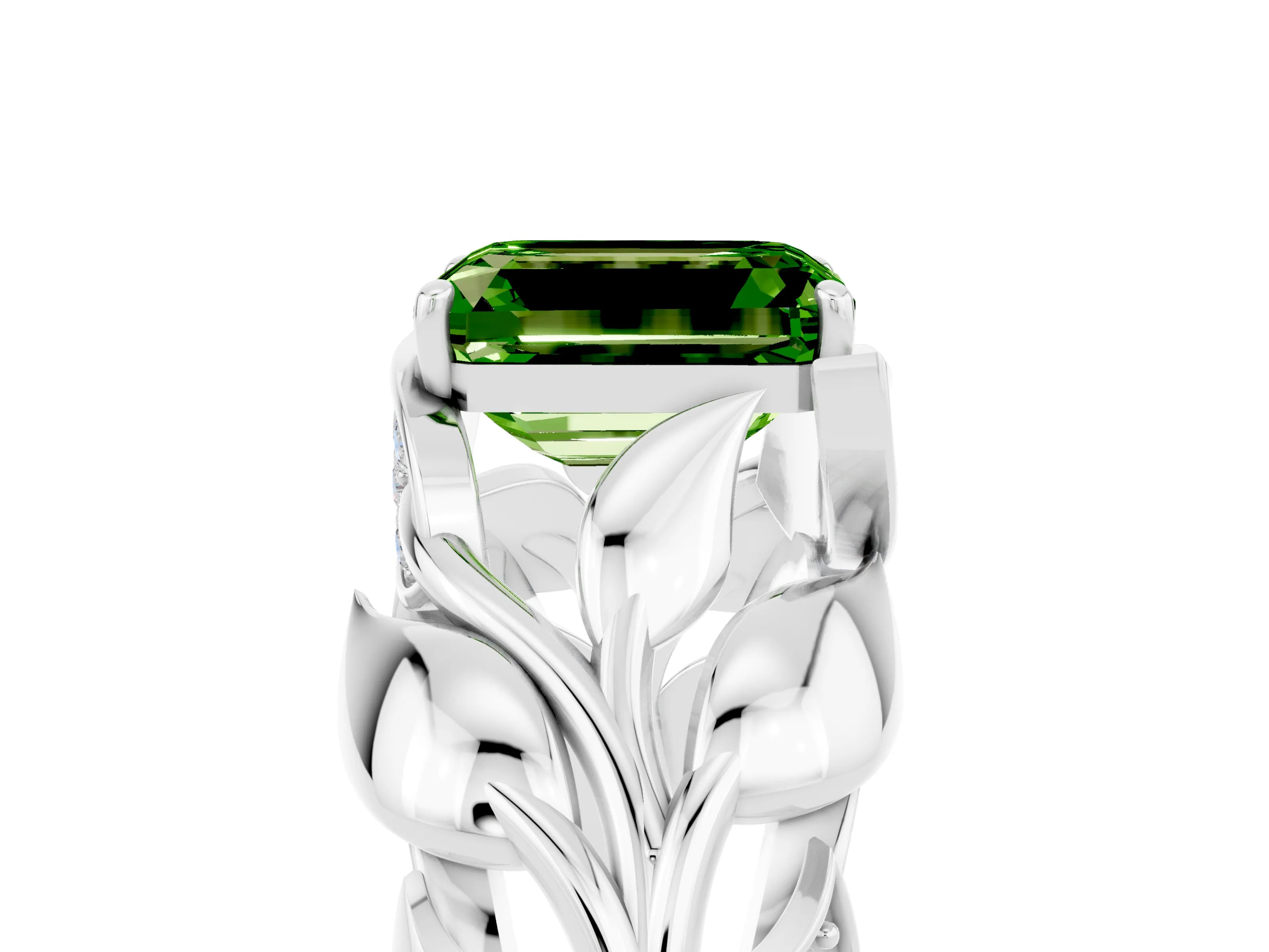 White gold Emerald Cut Solitaire Leaf-Inspired Engagement Ring with Prong Setting_5